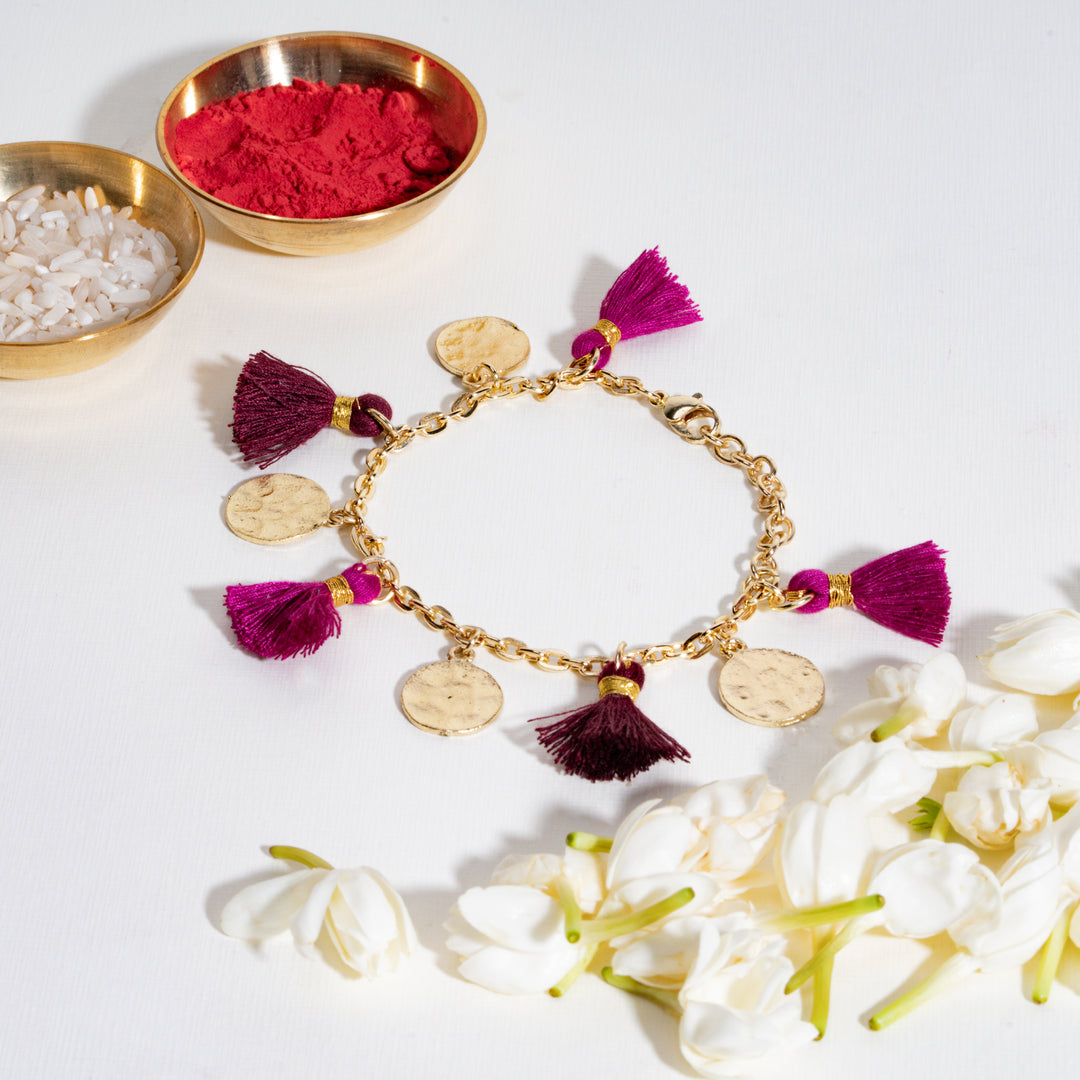 Purple Tassel Coin Hanging Bandhan Rakhi For Bhabhi