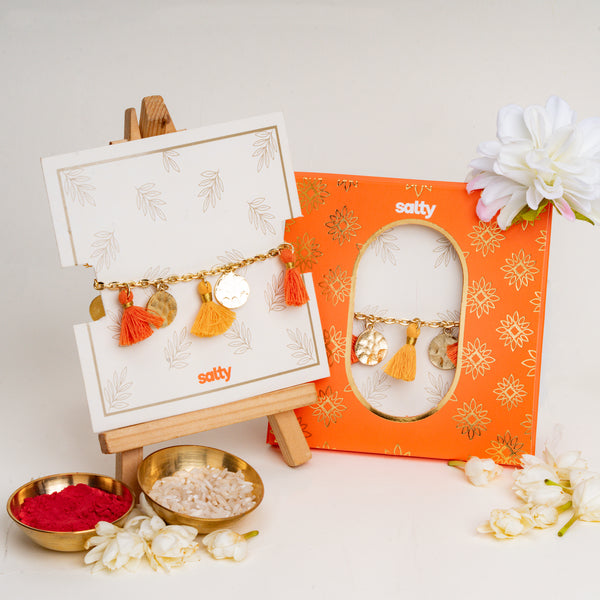 Orange Tassel Coin Hanging Bandhan Rakhi For Bhabhi
