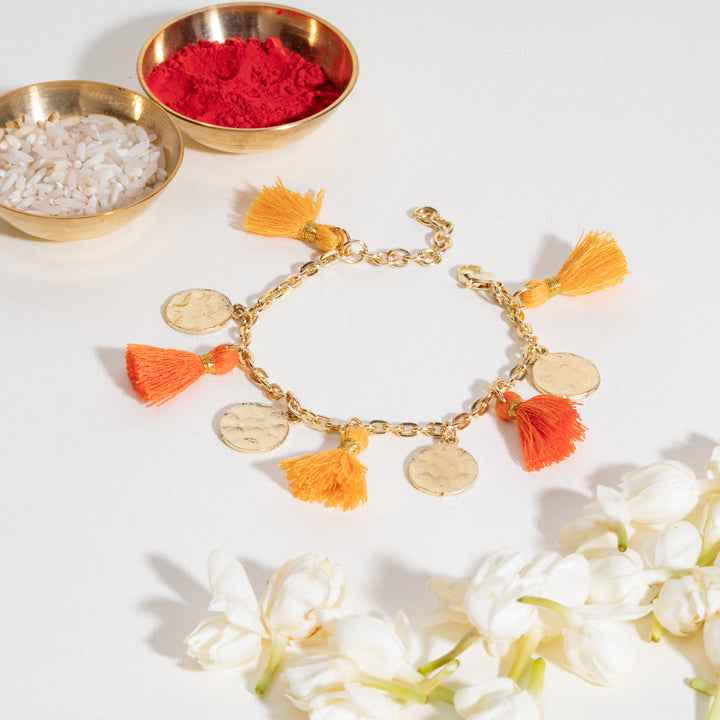 Orange Tassel Coin Hanging Bandhan Rakhi For Bhabhi