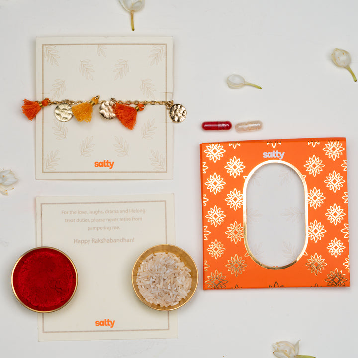 Orange Tassel Coin Hanging Bandhan Rakhi For Bhabhi