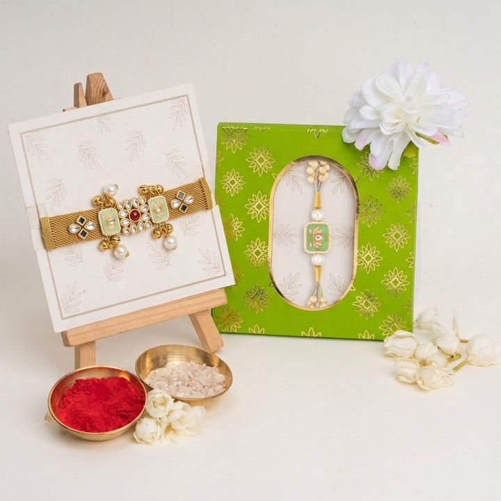 Pearl Floral Gold and Mint Green Rakhi for Bhaiya and Bhabhi