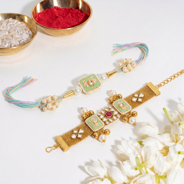 Pearl Floral Gold and Mint Green Rakhi for Bhaiya and Bhabhi