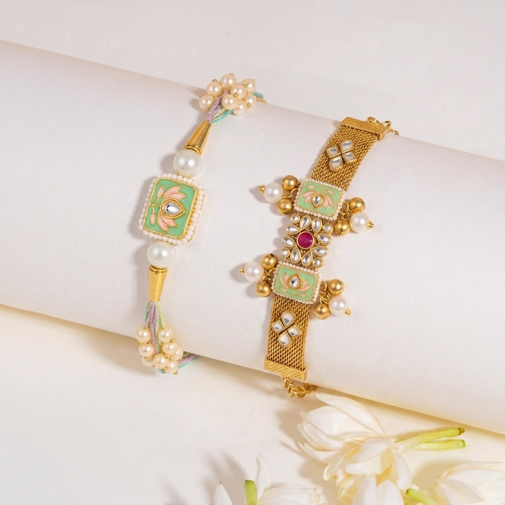 Pearl Floral Gold and Mint Green Rakhi for Bhaiya and Bhabhi