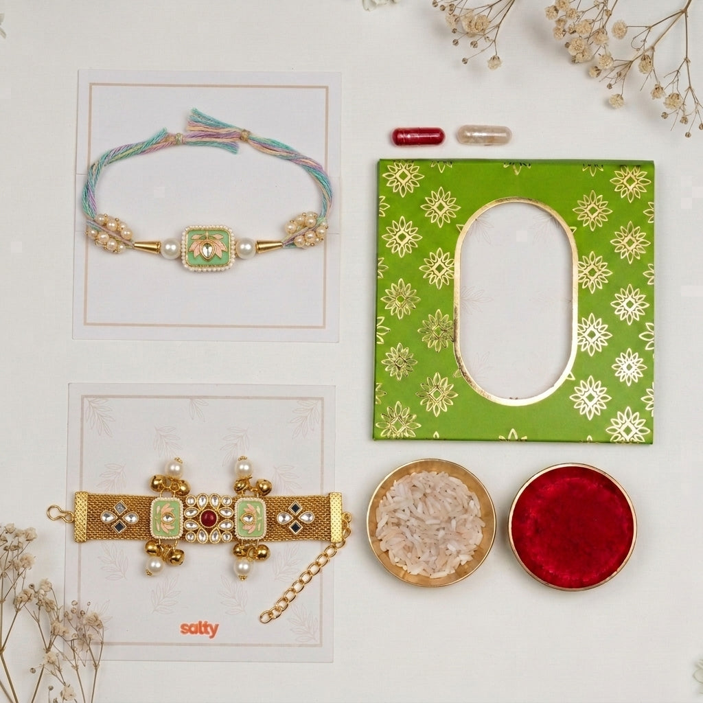Pearl Floral Gold and Mint Green Rakhi for Bhaiya and Bhabhi