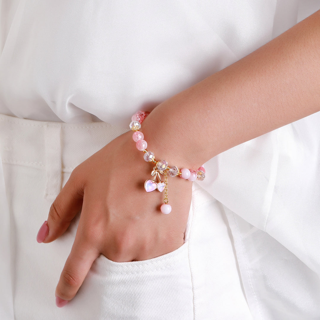 Sweet Cherry Charm Beaded Bracelet - Orange