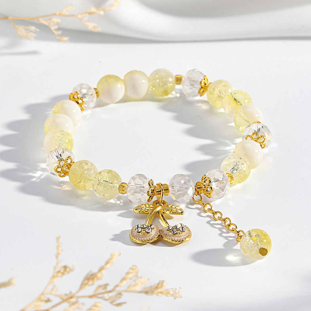 Sweet Cherry Charm Beaded Bracelet - Yellow-White