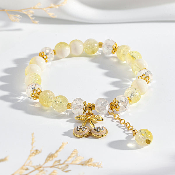 Sweet Cherry Charm Beaded Bracelet - Yellow-White