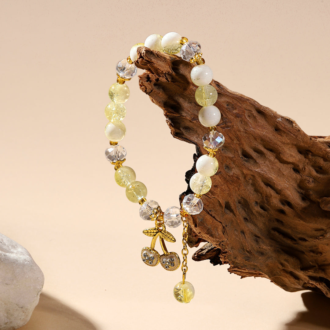 Sweet Cherry Charm Beaded Bracelet - Yellow-White