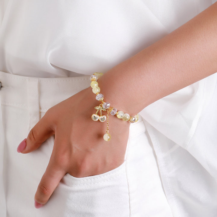 Sweet Cherry Charm Beaded Bracelet - Yellow-White