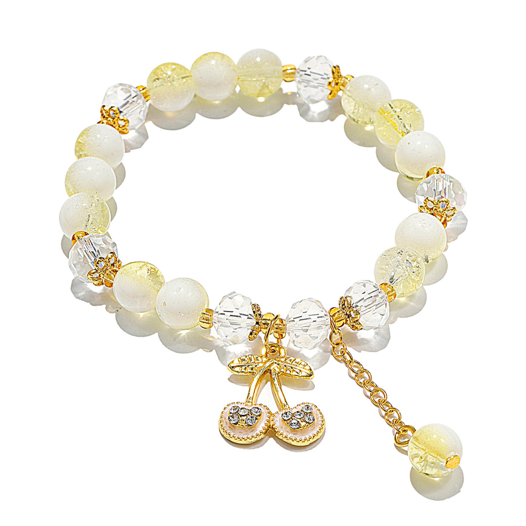 Sweet Cherry Charm Beaded Bracelet - Yellow-White
