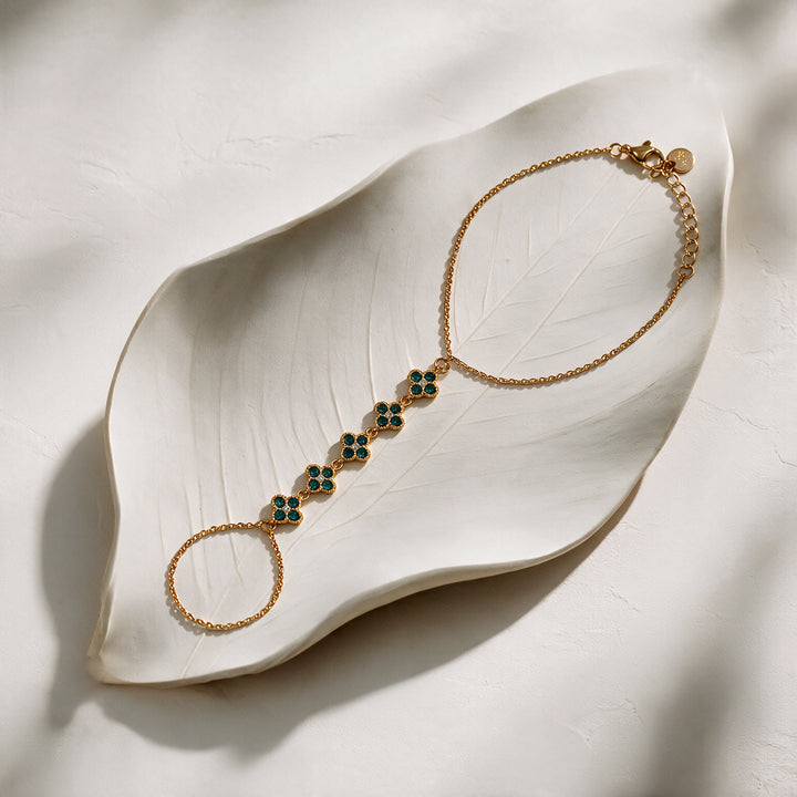 Teal Bloom Clover Gold toned Hand Chain