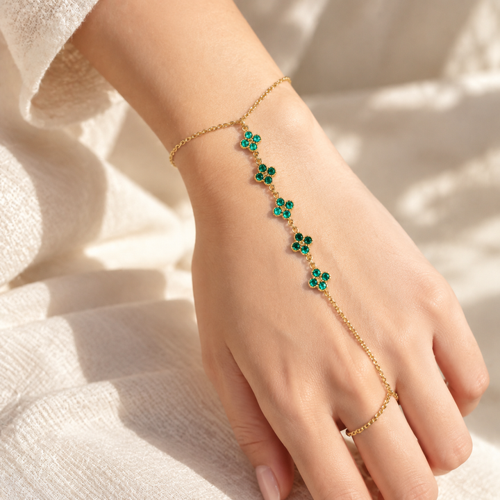 Teal Bloom Clover Gold toned Hand Chain