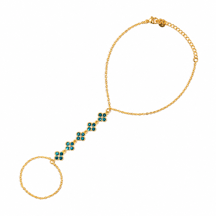 Teal Bloom Clover Gold toned Hand Chain