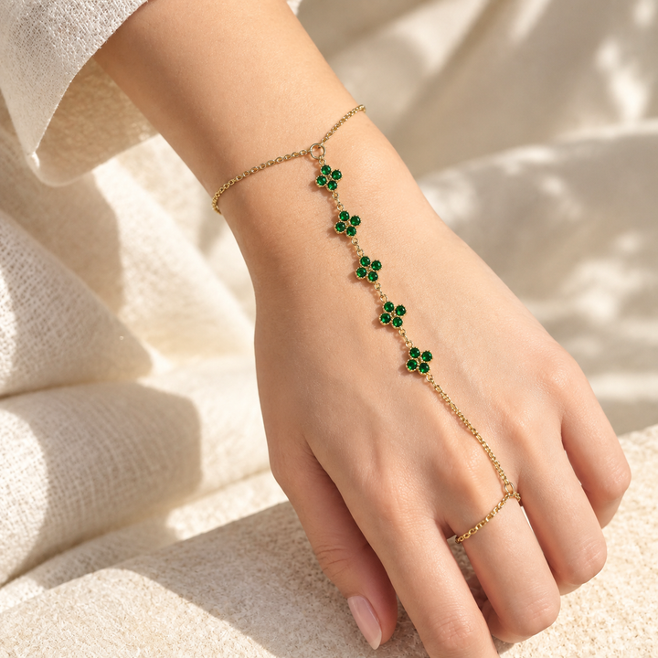 Emerald Bloom Clover Gold toned Hand Chain