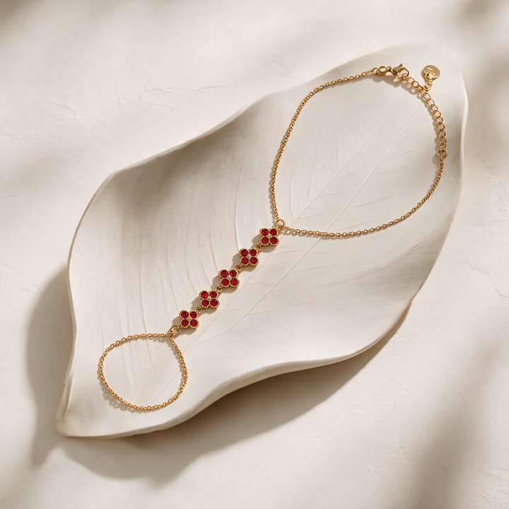 Crimson Bloom Clover Gold toned Hand Chain
