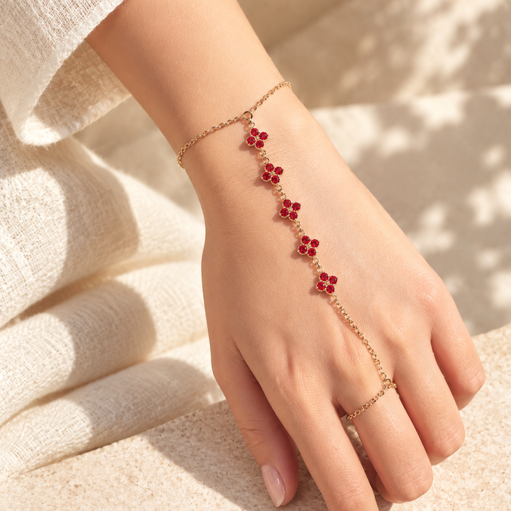 Crimson Bloom Clover Gold toned Hand Chain