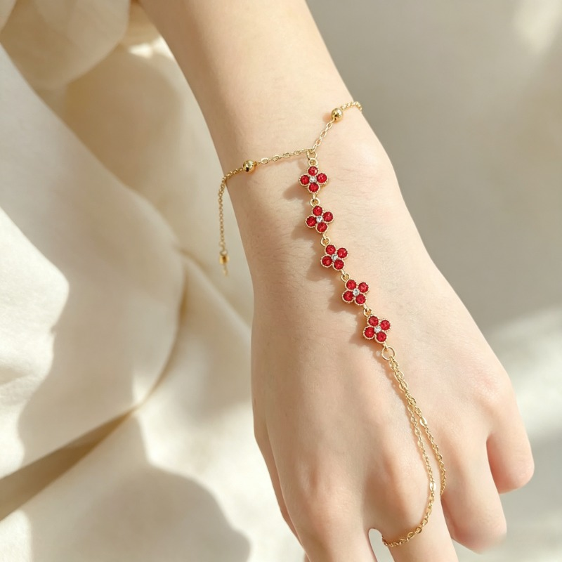 Crimson Bloom Clover Gold toned Hand Chain