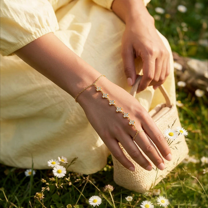 Crystal Bloom Clover Gold toned Hand Chain