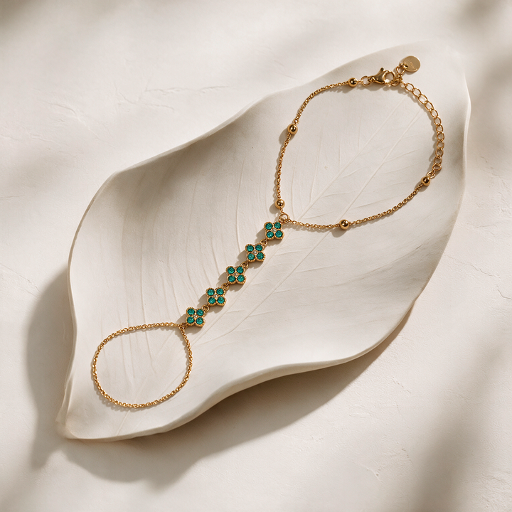 Aqua Bloom Clover Gold toned Hand Chain