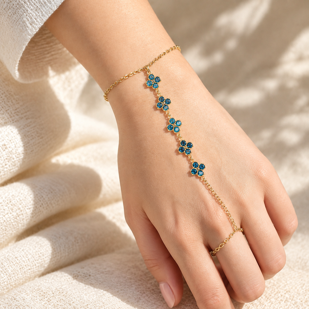 Aqua Bloom Clover Gold toned Hand Chain