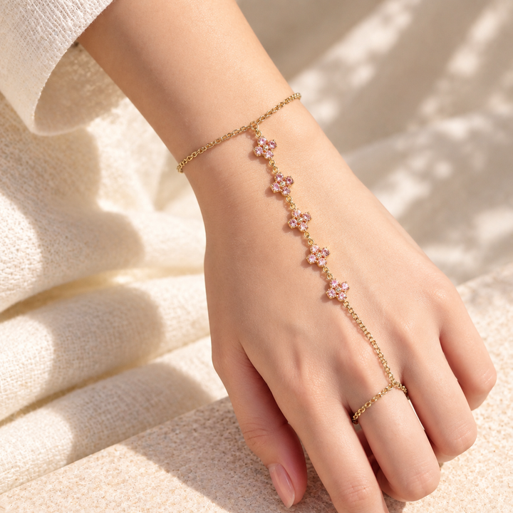 Roselle Bloom Clover Gold toned Hand Chain