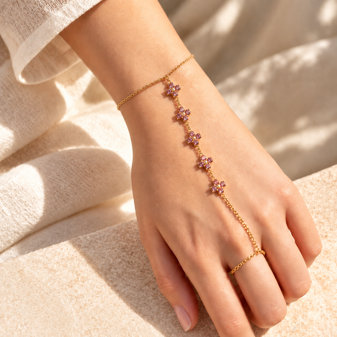 Blush Petal Bloom Clover Gold toned Hand Chain