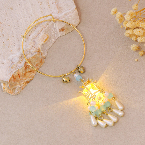 Traditional Royal Deepam Cascade Drop Lantern Tassel Bangle - (Gold-Blue)