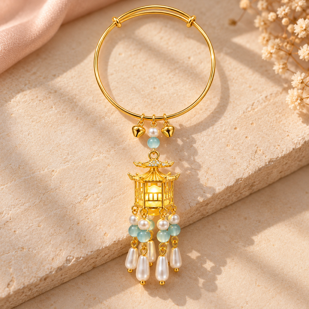 Traditional Royal Deepam Cascade Drop Lantern Tassel Bangle - (Gold-Blue)