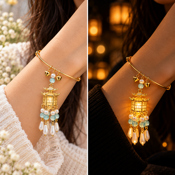 Traditional Royal Deepam Cascade Drop Lantern Tassel Bangle - (Gold-Blue)