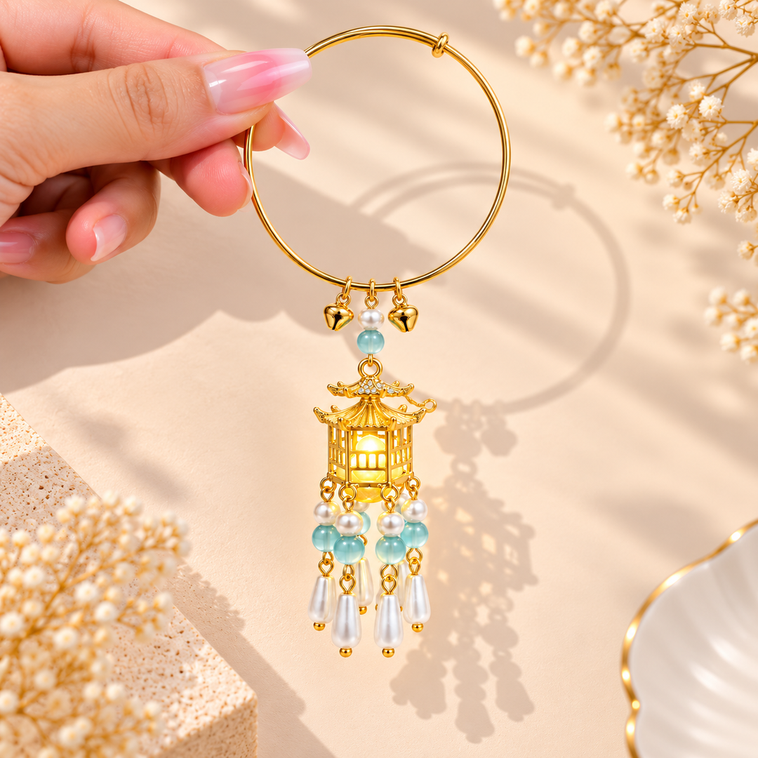 Traditional Royal Deepam Cascade Drop Lantern Tassel Bangle - (Gold-Blue)