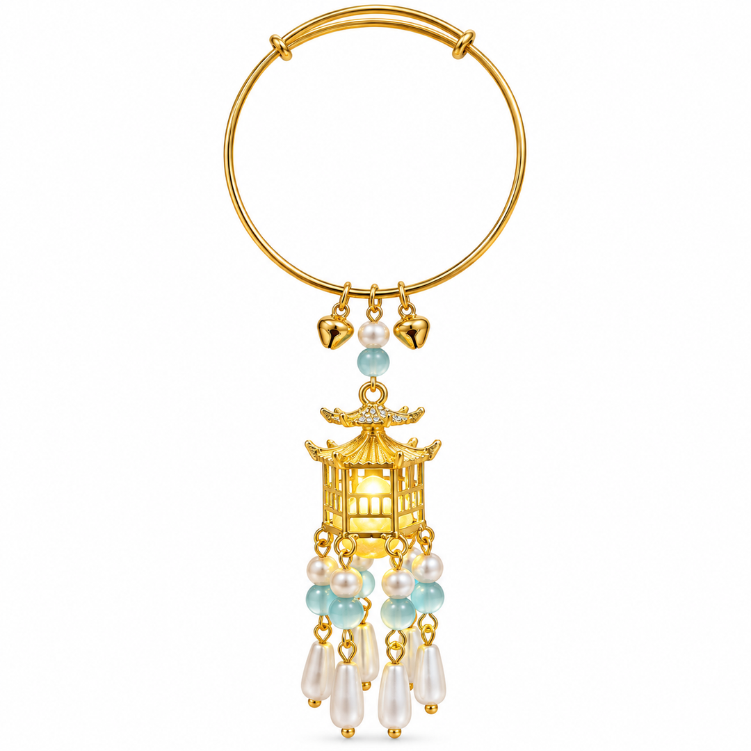 Traditional Royal Deepam Cascade Drop Lantern Tassel Bangle - (Gold-Blue)
