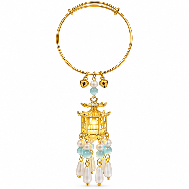Traditional Royal Deepam Cascade Drop Lantern Tassel Bangle - (Gold-Blue)