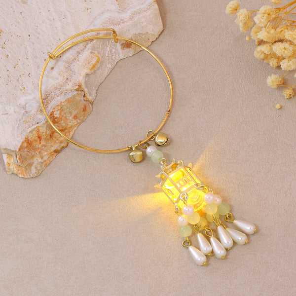 Traditional Royal Deepam Cascade Drop Lantern Tassel Bangle - (Gold-White-Green)