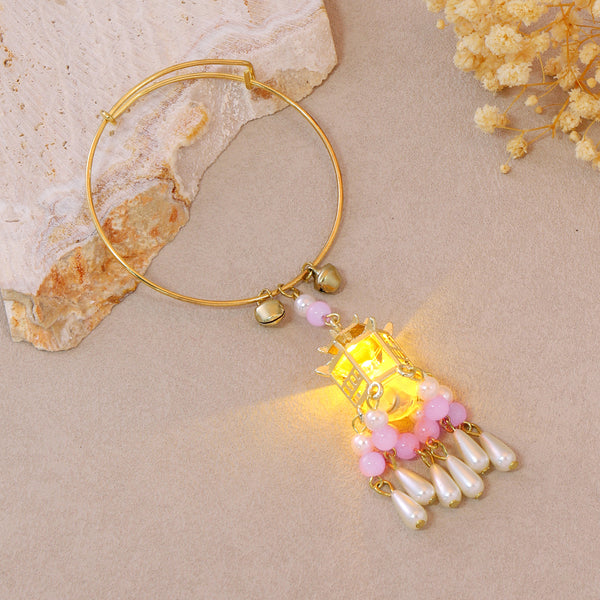 Traditional Royal Deepam Cascade Drop Lantern Tassel Bangle - (Gold-Pink)