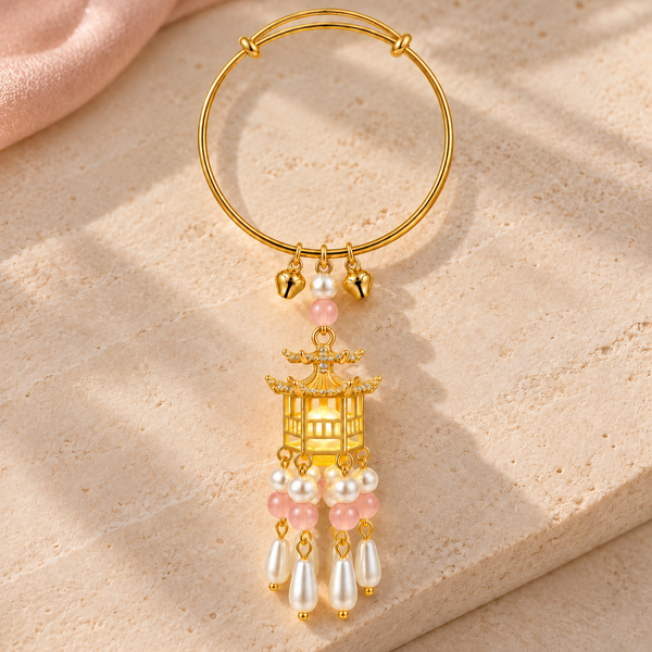 Traditional Royal Deepam Cascade Drop Lantern Tassel Bangle - (Gold-Pink)