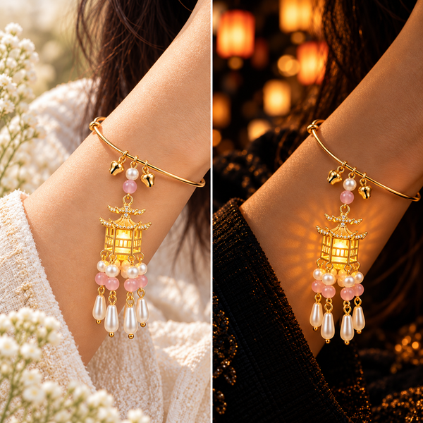 Traditional Royal Deepam Cascade Drop Lantern Tassel Bangle - (Gold-Pink)
