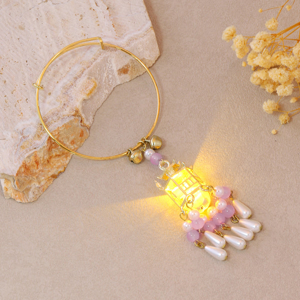 Traditional Royal Deepam Cascade Drop Lantern Tassel Bangle - (Gold-Purple)