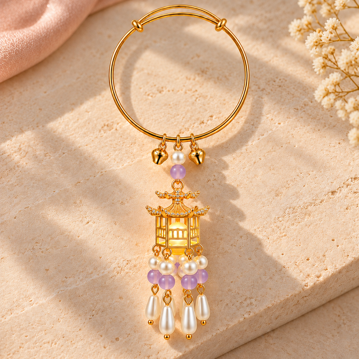 Traditional Royal Deepam Cascade Drop Lantern Tassel Bangle - (Gold-Purple)