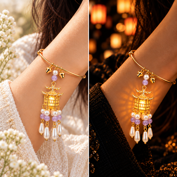 Traditional Royal Deepam Cascade Drop Lantern Tassel Bangle - (Gold-Purple)
