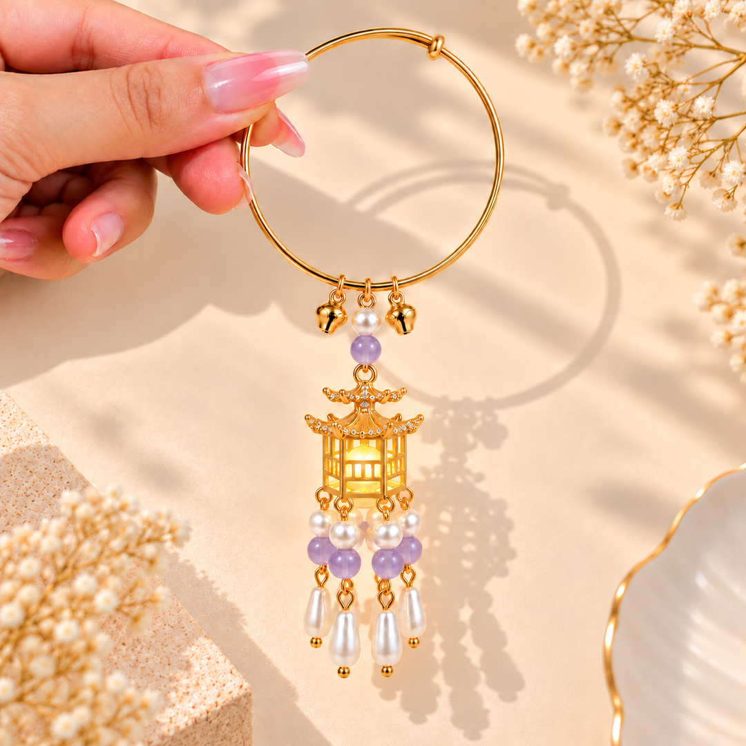 Traditional Royal Deepam Cascade Drop Lantern Tassel Bangle - (Gold-Purple)