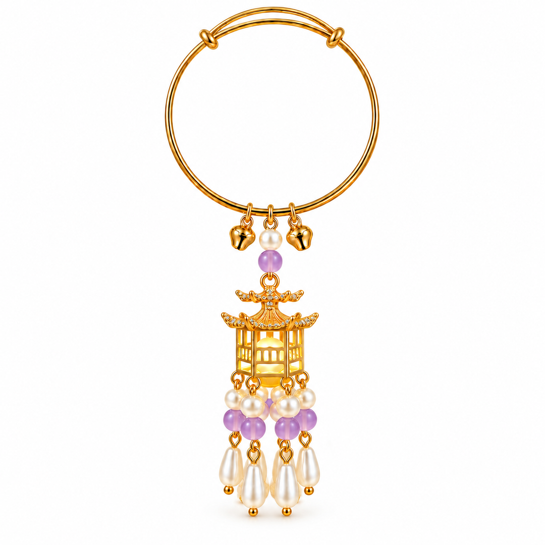 Traditional Royal Deepam Cascade Drop Lantern Tassel Bangle - (Gold-Purple)