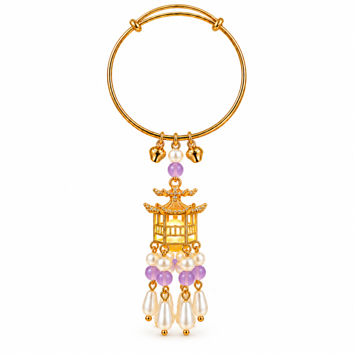 Traditional Royal Deepam Cascade Drop Lantern Tassel Bangle - (Gold-Purple)