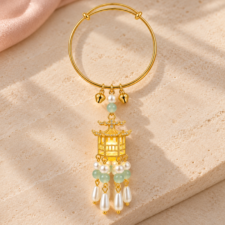 Traditional Royal Deepam Cascade Drop Lantern Tassel Bangle - (Gold-White-Green)