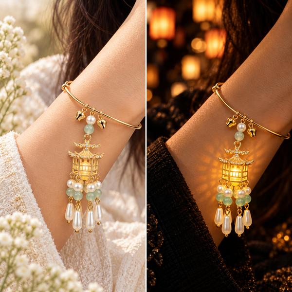 Traditional Royal Deepam Cascade Drop Lantern Tassel Bangle - (Gold-White)