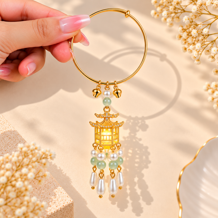 Traditional Royal Deepam Cascade Drop Lantern Tassel Bangle - (Gold-White-Green)