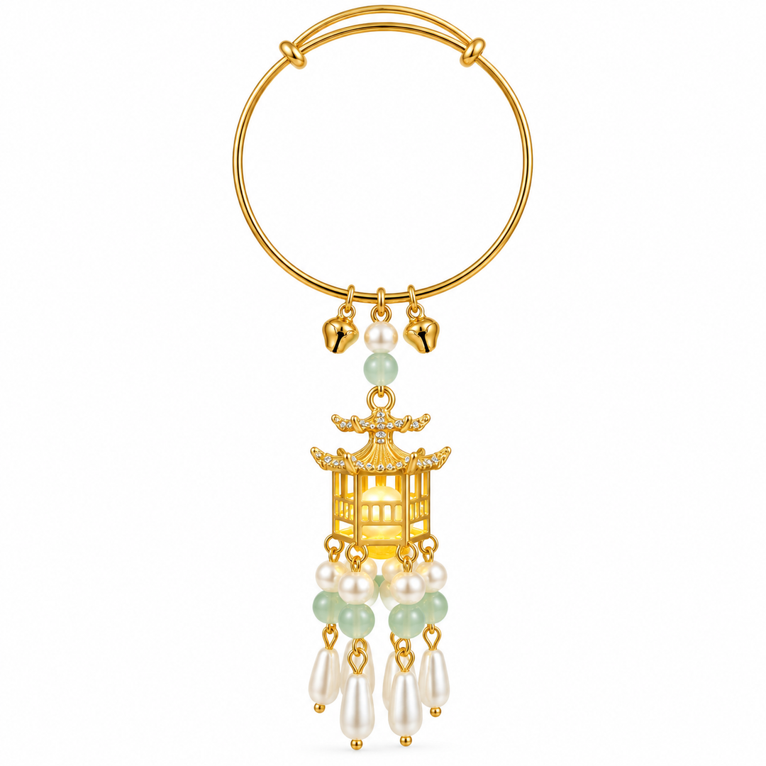 Traditional Royal Deepam Cascade Drop Lantern Tassel Bangle - (Gold-White-Green)