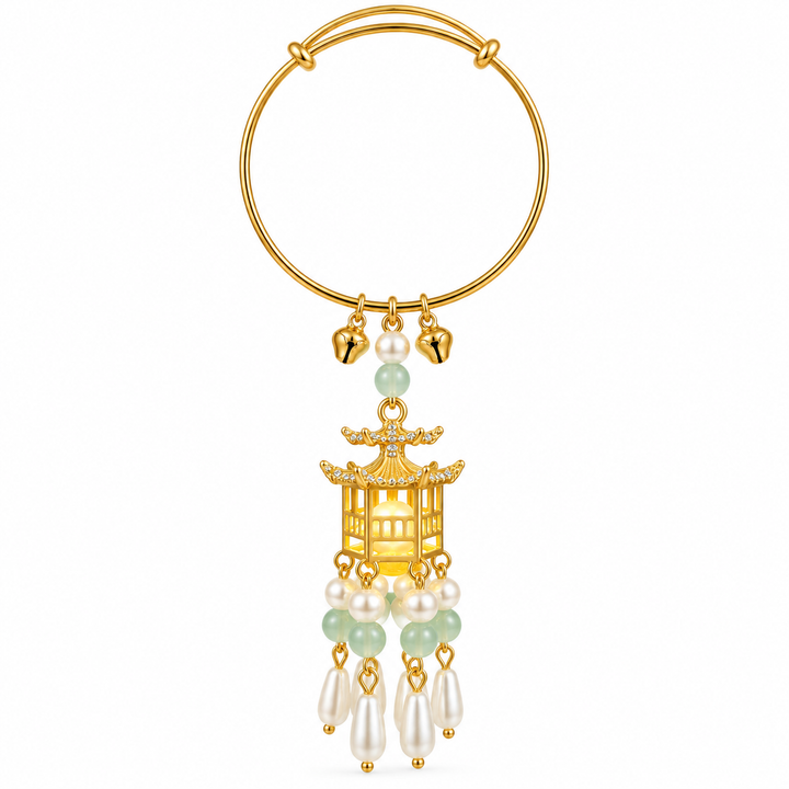 Traditional Royal Deepam Cascade Drop Lantern Tassel Bangle - (Gold-White-Green)