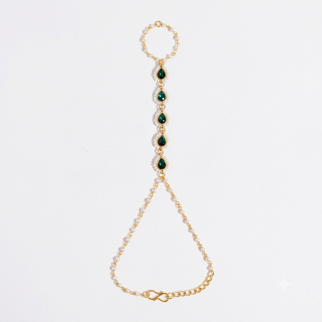 Dewdrop Kundan Hand Chain - Green