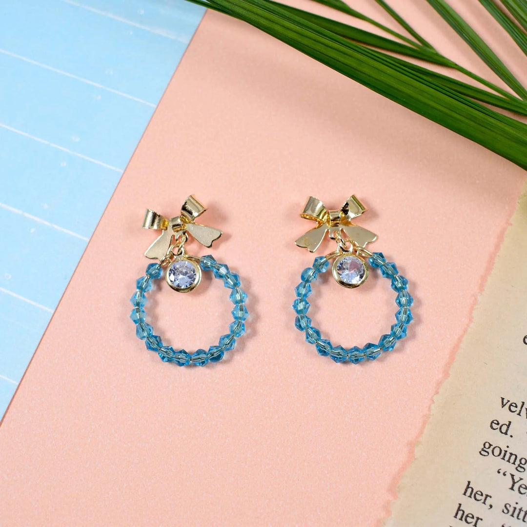 Beaded Aqua Crystal Bow Drop Earrings - Salty Accessories