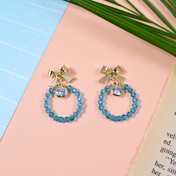 Beaded Aqua Crystal Bow Drop Earrings